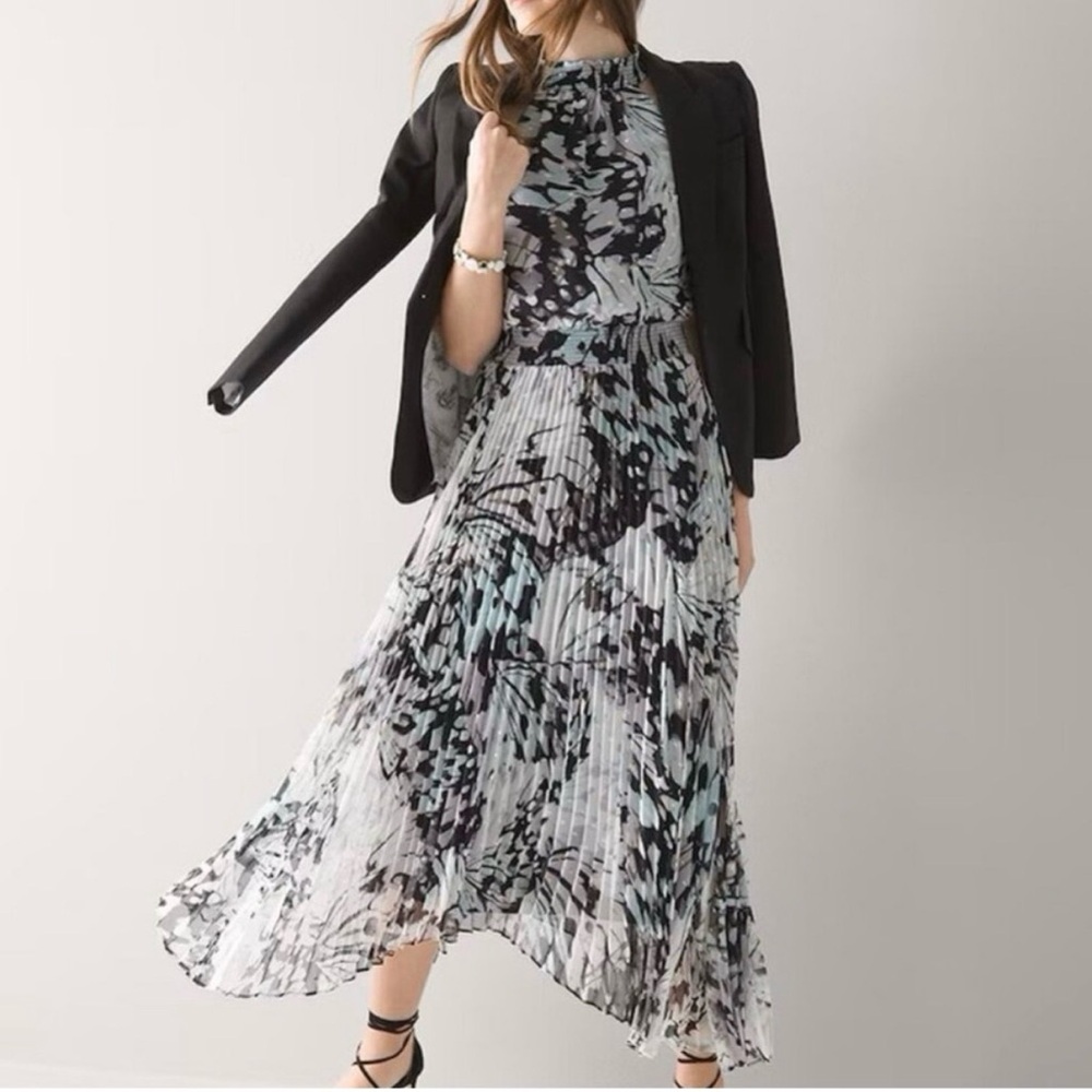 WHBM Pleated Midi Black and White Patterned Dress